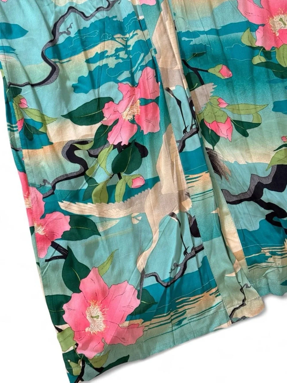 Kimono Style Floral Crane Robe Ocean Print Japanese Inspired Cover Up S/M - Picture 7 of 8